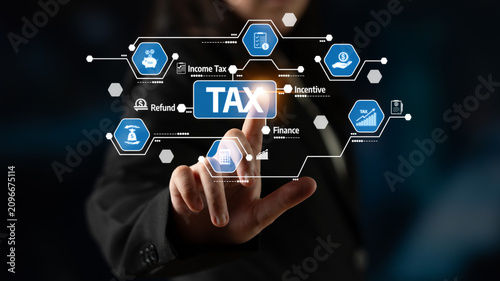 Obraz na plátne A businessman interacts with a digital tax management interface, highlighting the connection between technology and finance