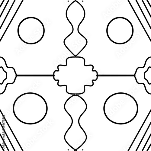 Intricate Black and White Geometric Pattern with Circular and Wavy Line Elements
