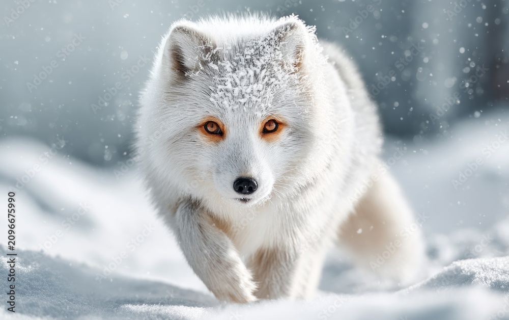 Fototapeta premium Arctic Fox in Tundra During Snowfall Captured in Vivid and Dramatic Detail