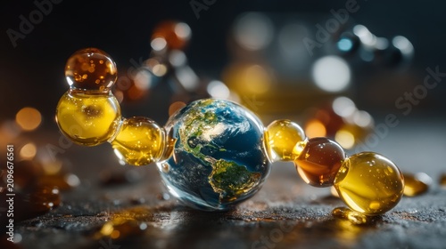 Conceptual Molecular Structure with Earth Globe Representing Global Science