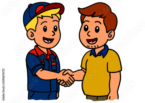 Professional Auto Mechanic Shaking Hands with Customer Cartoon Illustration