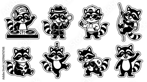 Raccoon cartoon characters in various poses.