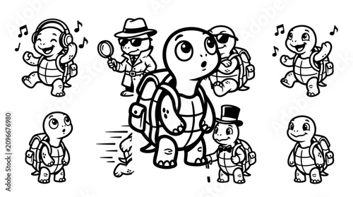 Turtles in various funny costumes.