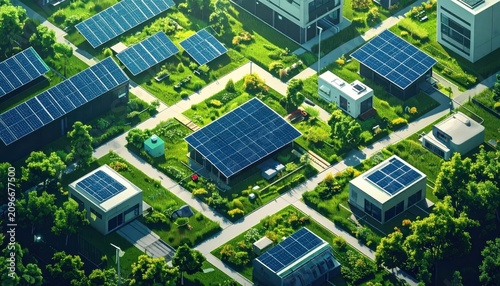 Aerial view of solar panels in green city