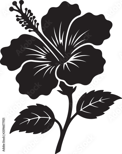 Hibiscus flower silhouette vector, tropical floral blossom with leaves, black botanical plant icon for summer vacation and exotic travel branding