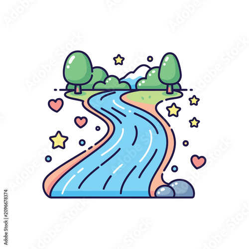 Slika na platnu Cartoon river with trees and stars.
