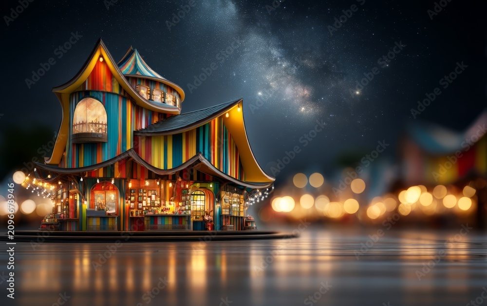 Fototapeta premium Colorful whimsical house with striped walls under starry night sky and bokeh lights