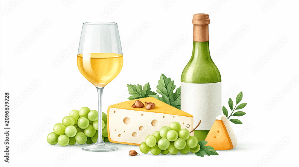 Obraz premium White wine and cheese with grapes and hazelnuts on white background