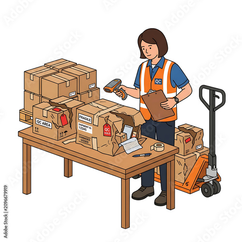 Warehouse quality control worker inspecting and scanning damaged cardboard boxes