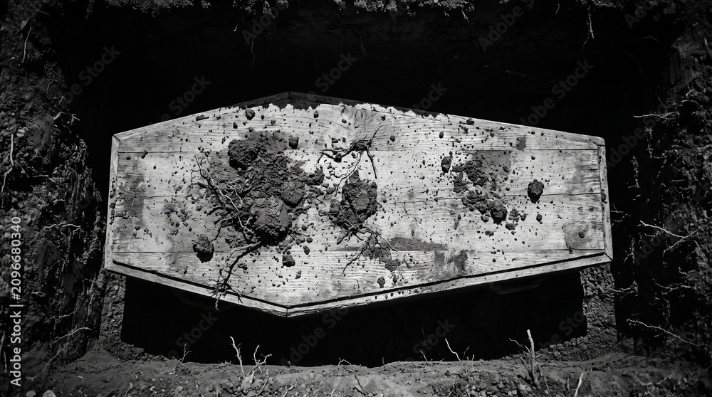 Fototapeta premium Wooden Coffin in an Open Grave with Scattered Soil Black and White