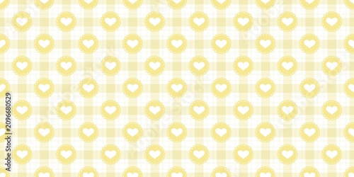 Pale butter yellow checkered lines forming grids enclosing romantic white heart emblems. A tender, warm, seamless pattern for neutral baby bedding sheets and nursery room curtains.