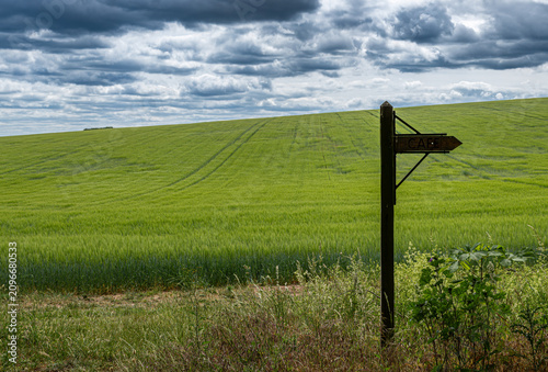 Wooden Cafe Sign by a Green Wheat Field Under Dramatic Storm Clouds