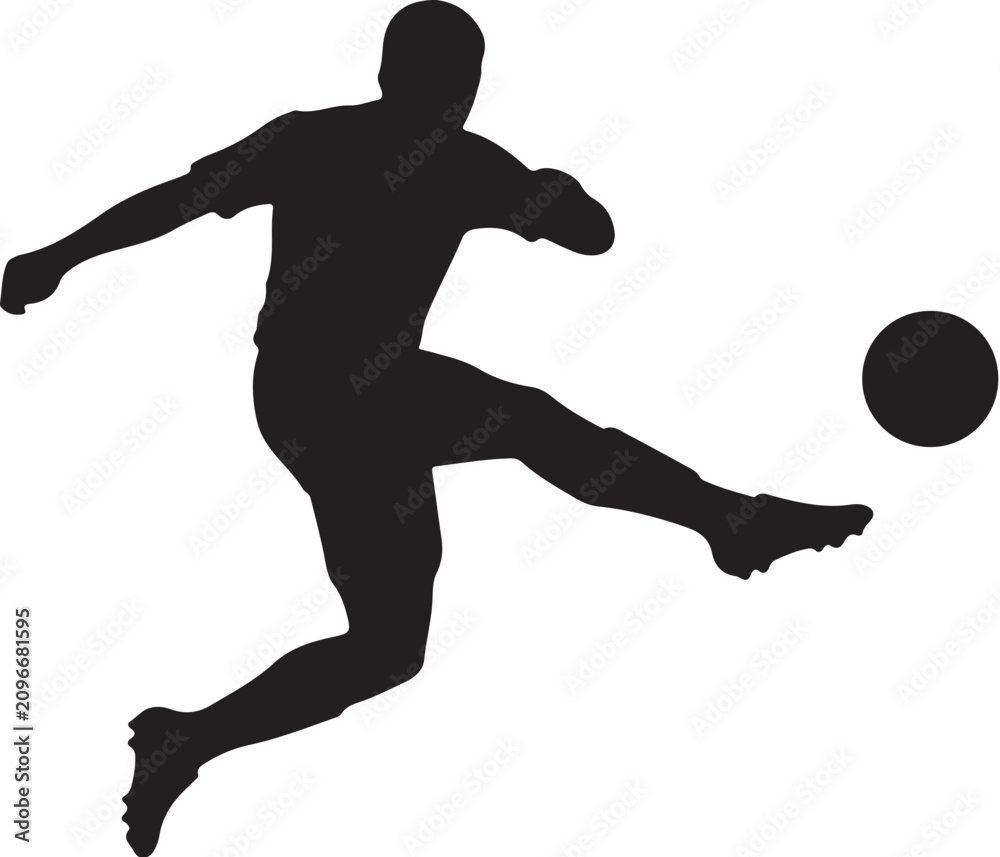 Obraz premium Black silhouette soccer player kicking ball, athletic sports icon, football kick vector, sports illustration