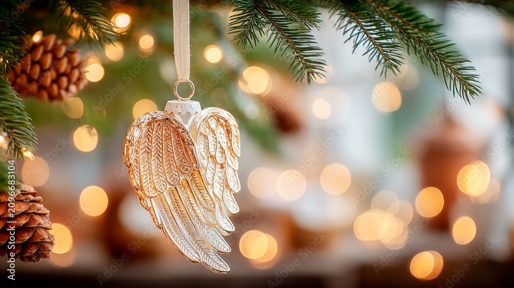 Obraz premium Golden angel wing ornament hanging from green pine branch with festive lights