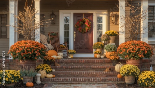 Festive fall porch entrance featuring blooming orange mums and pumpkins for thanksgiving and autumn season decor