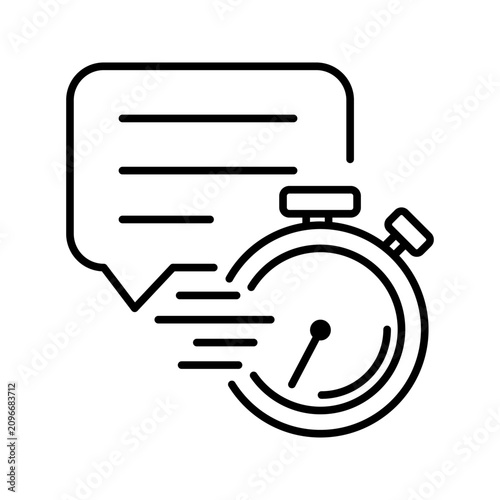 Outline icon of a message bubble with a stopwatch representing quick response, fast communication, customer support, and messaging speed.