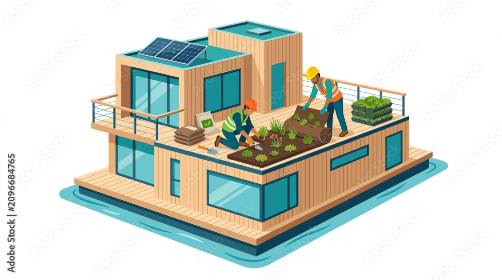 Obraz premium Isometric Illustration of Workers Installing Green Roof and Solar Panels on Sustainable Floating House