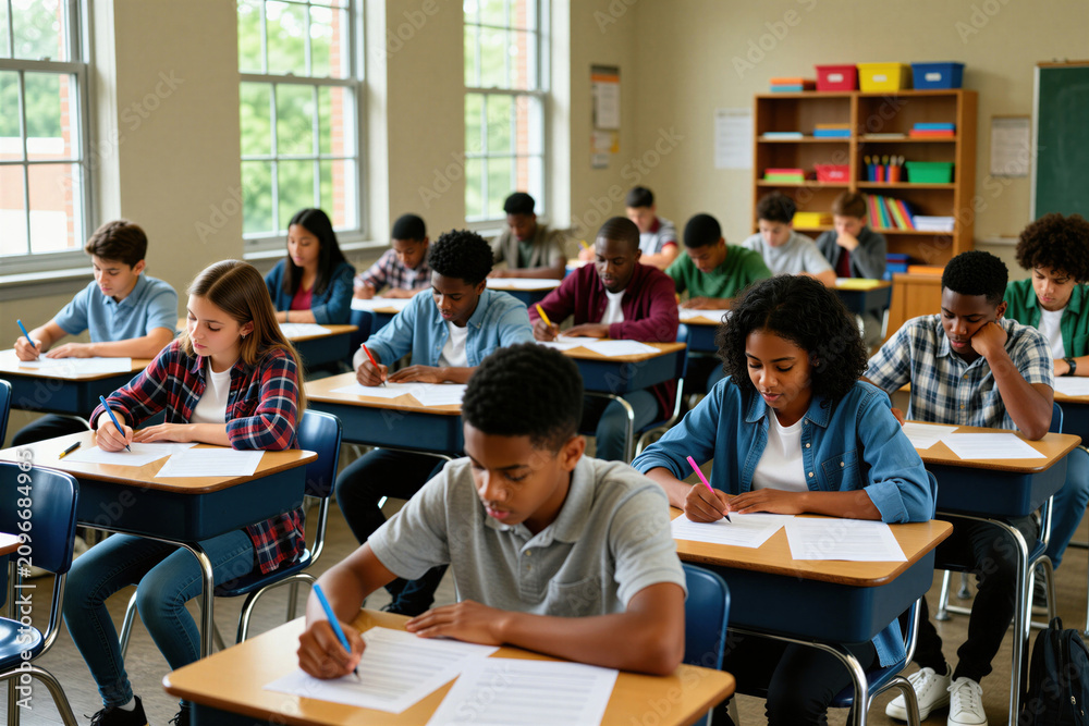 Obraz premium Teenage students focus on exam papers at desks in a classroom setting. Diverse group of kids write answers during a test. Education learning at school interior. Young people study.