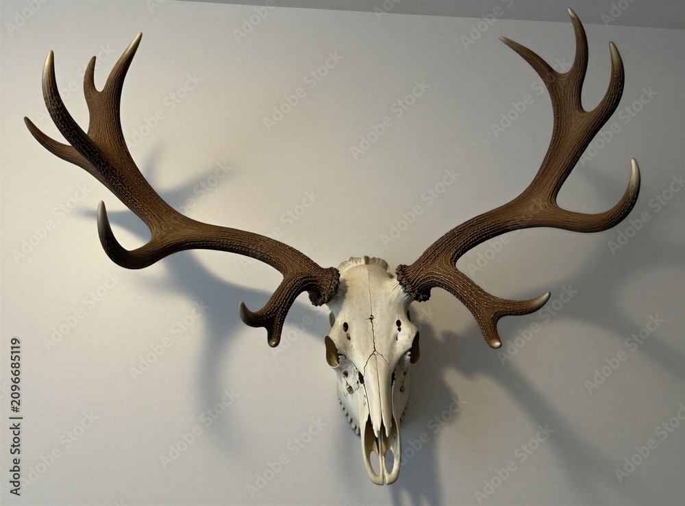 Fototapeta premium Large elk antlers and skull mounted on a plain white wall. Natural light creates subtle shadows on this animal head display. A trophy, it symbolizes the wild.