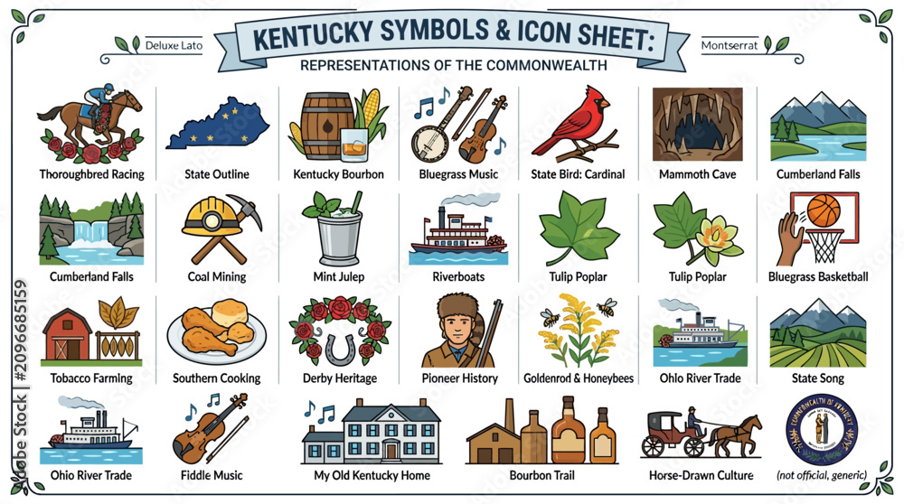 Fototapeta premium Kentucky State Symbols Icon Sheet Featuring Commonwealth Culture and Heritage Illustrations