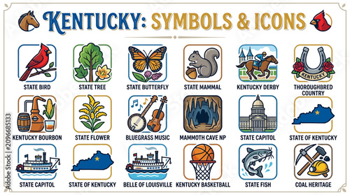 Kentucky state symbols and landmarks vector icon sheet illustration featuring culture and history icons