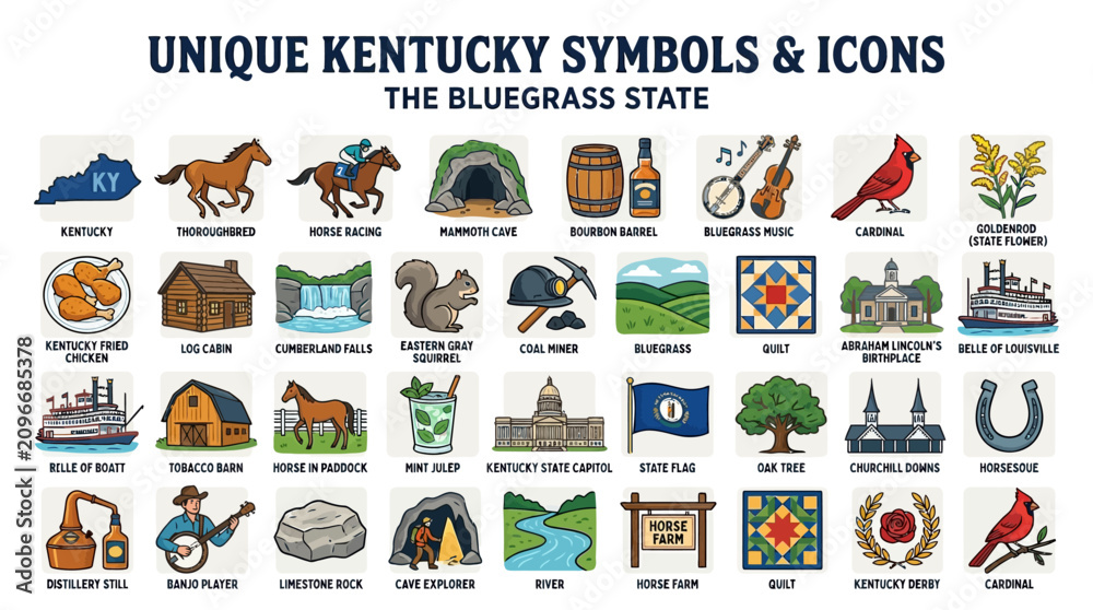 Fototapeta premium Unique Kentucky State Symbols and Cultural Icons Illustration Sheet Featuring Bluegrass Region Heritage Elements