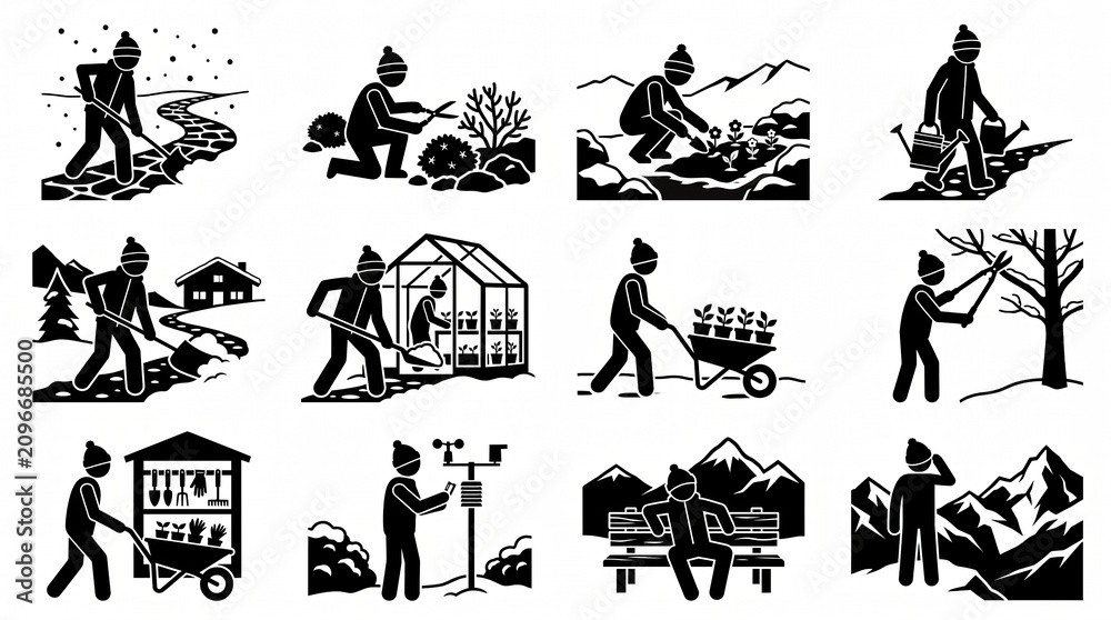 Fototapeta premium Black and white stick figure icons depicting outdoor seasonal gardening, landscaping, and property maintenance tasks like shoveling snow and pruning