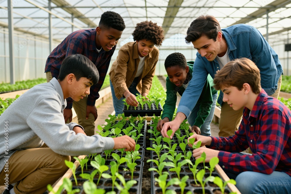 Obraz premium Group of diverse teenagers, teacher work in greenhouse nursery. Young students plant vegetables in small pots for agricultural class. Happy children learn gardening skills, ecology during educational