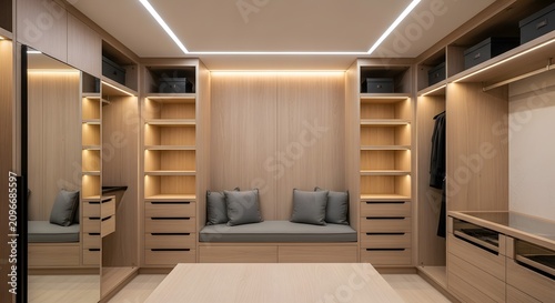 Modern Luxury Walk In Closet With Built In Seating And Ample Storage.
