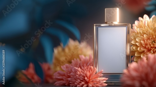 Elegant glass perfume bottle with soft floral background and warm lighting