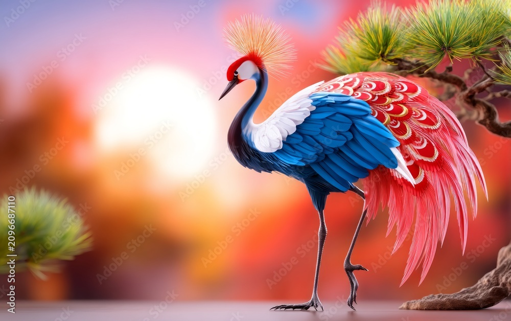 Obraz premium Ornate Crane Symbolizing Longevity in Colorful Zodiac Theme Design