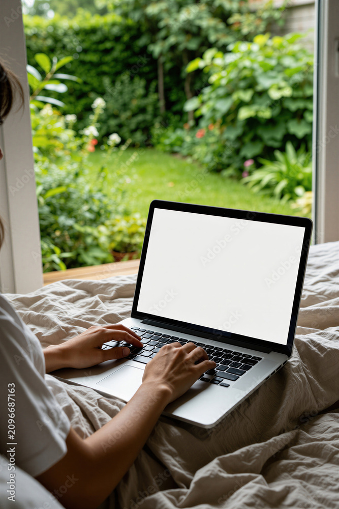 Obraz premium Woman types on modern laptop with blank white screen sitting on bed. Freelancer works at home in bedroom. View of backyard garden with green plants through glass door. Person uses portable electronic