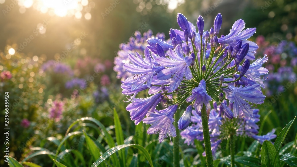Fototapeta premium Purple agapanthus bloom with dewdrops in a sunlit garden at sunrise
