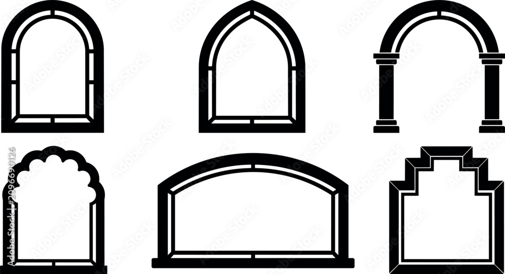 Obraz premium Black and white line art various architectural arch and window shapes vector illustration