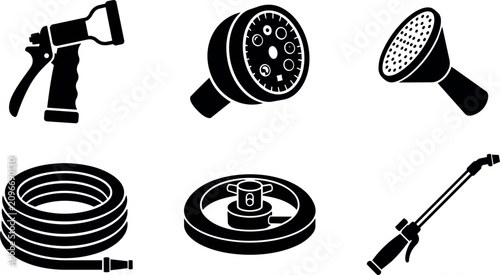 Various garden hose nozzles and coiled hose illustrations