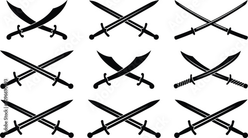 Canvastavla Crossed Sword Vector Icons Collection with Medieval and Curved Blade Silhouette