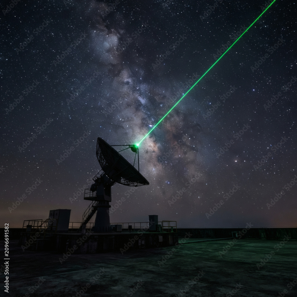 Naklejka premium A clean silhouette of a modern satellite dish on a concrete surface, pointing towards a starry night sky. A bright, thin green laser line shooting from the dish up into space, ground station 