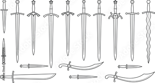 Konstfotografi Historical Sword and Dagger Vector Collection with Medieval Weapons Line Art Set