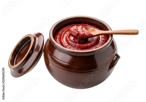 Gochujang in a jar isolated on transparent background with a wooden spoon