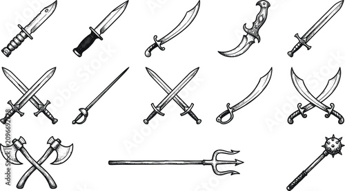 Quadro su tela Medieval Fantasy Weapon Vector Collection with Swords Axes Trident and Mace Line