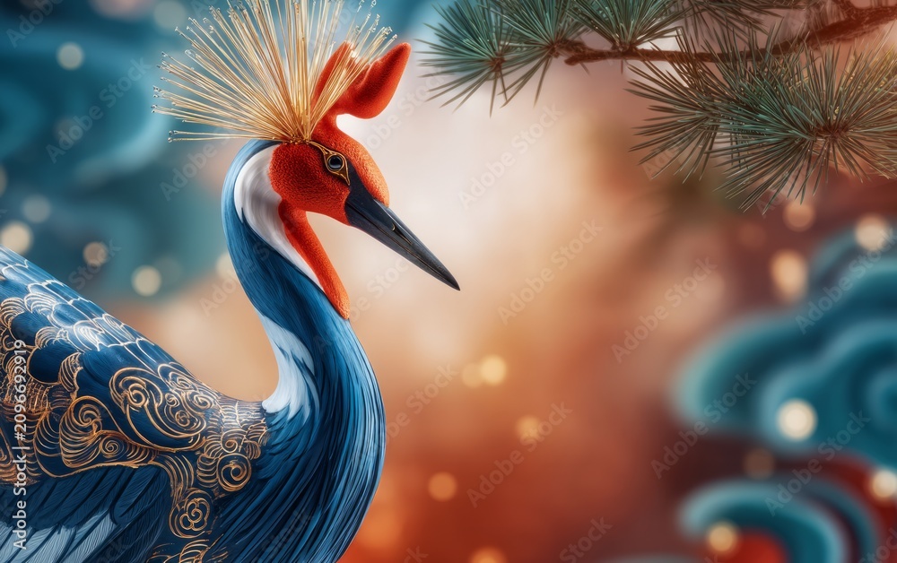 Obraz premium Ornate Crane Symbolizing Zodiac Longevity in Vibrant Decorative Setting
