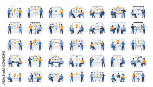 Business innovation and strategic planning teamwork concept illustration set with business innovation strategy planning teamwork collaboration brainstorming management professional
