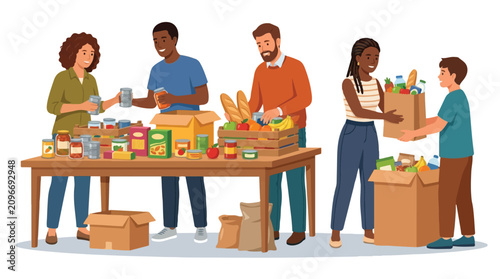 Volunteers sorting canned goods and groceries at a community food bank