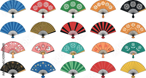 Traditional folding fan collection featuring colorful Japanese hand fans with decorative patterns in elegant vector illustration isolated background