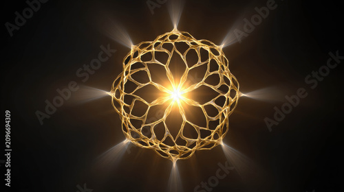 A luminous golden mandala radiating light, symbolizing spiritual energy and inner peace. The intricate geometric pattern glows with a warm, inviting aura against a dark, mysterious background