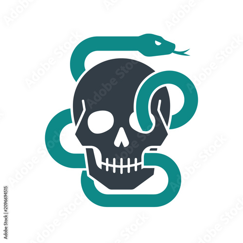 Obraz na plátně Stylized black skull entwined with a green snake, symbolizing danger, death, poi