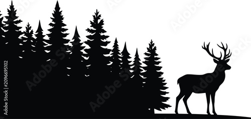 Schilderij op canvas Silhouette of majestic stag in pine forest on white background, wildlife nature