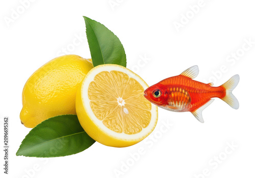 Bright orange fish nibbling on fresh juicy lemon slice still life isolated on transparent background