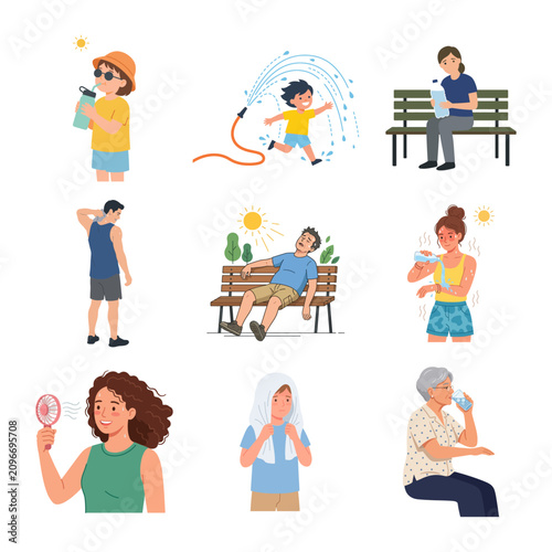 People Suffering from Extreme Summer Heatwave and Cooling Down to Prevent Heatstroke