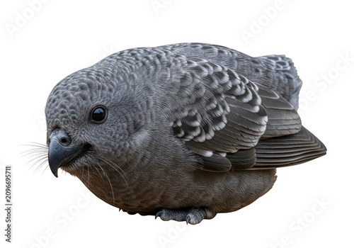 Close-up of a gray and brown bird with detailed feathers and beak isolated on transparent background